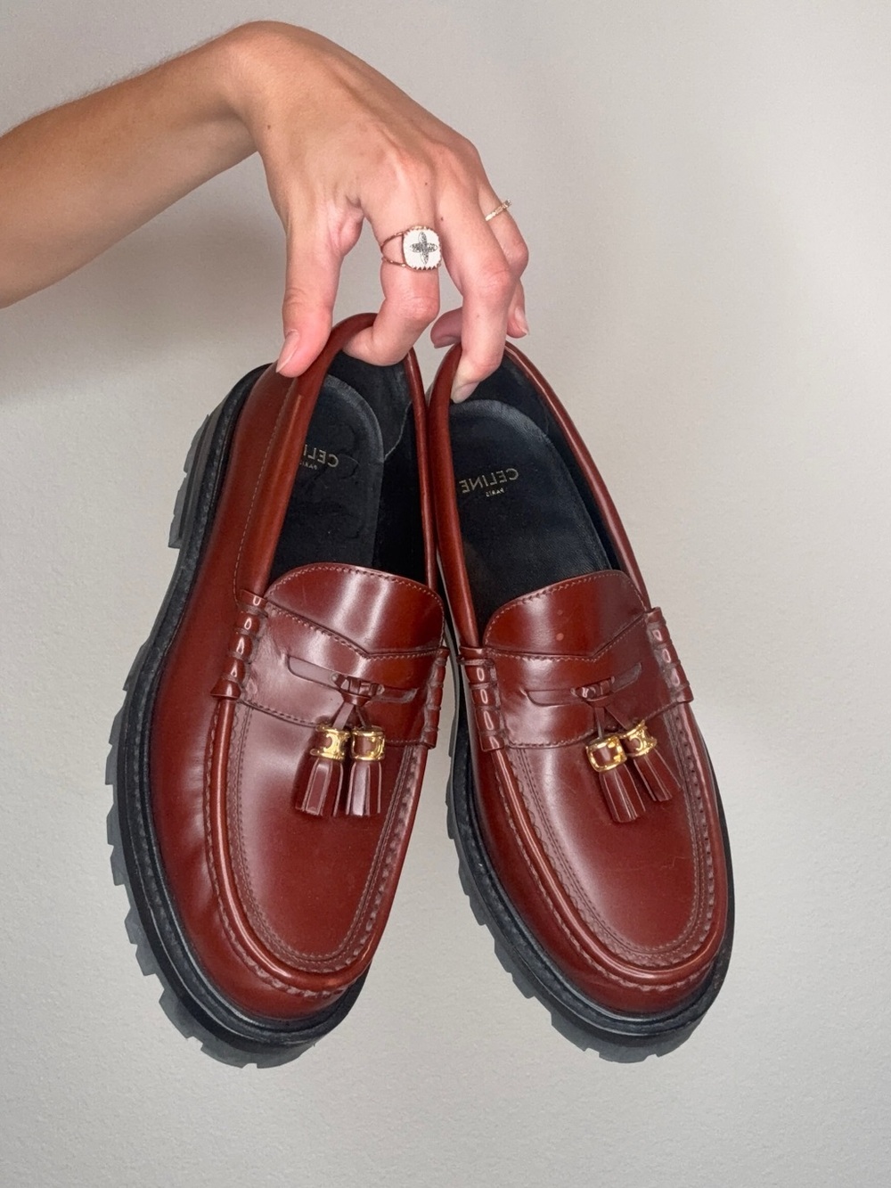 Celine Brown Leather Tassel Loafers with Gold Triomphe Hardware
